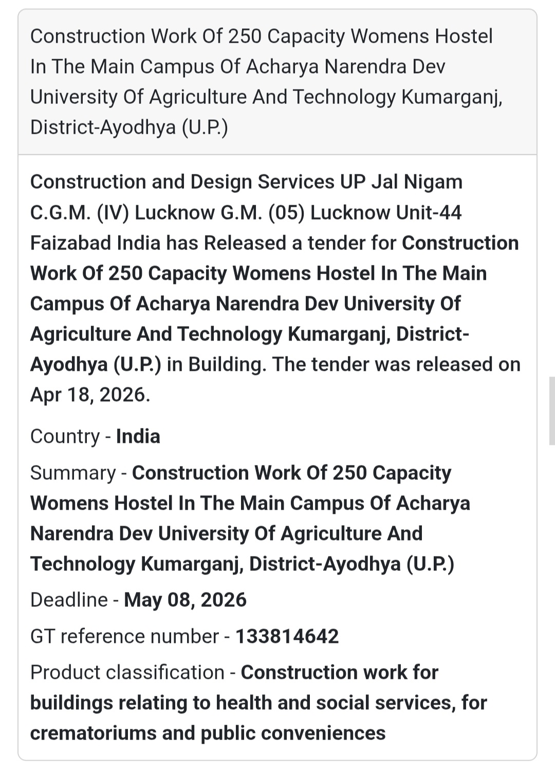 🏢 Women’s Hostel Construction – Ayodhya