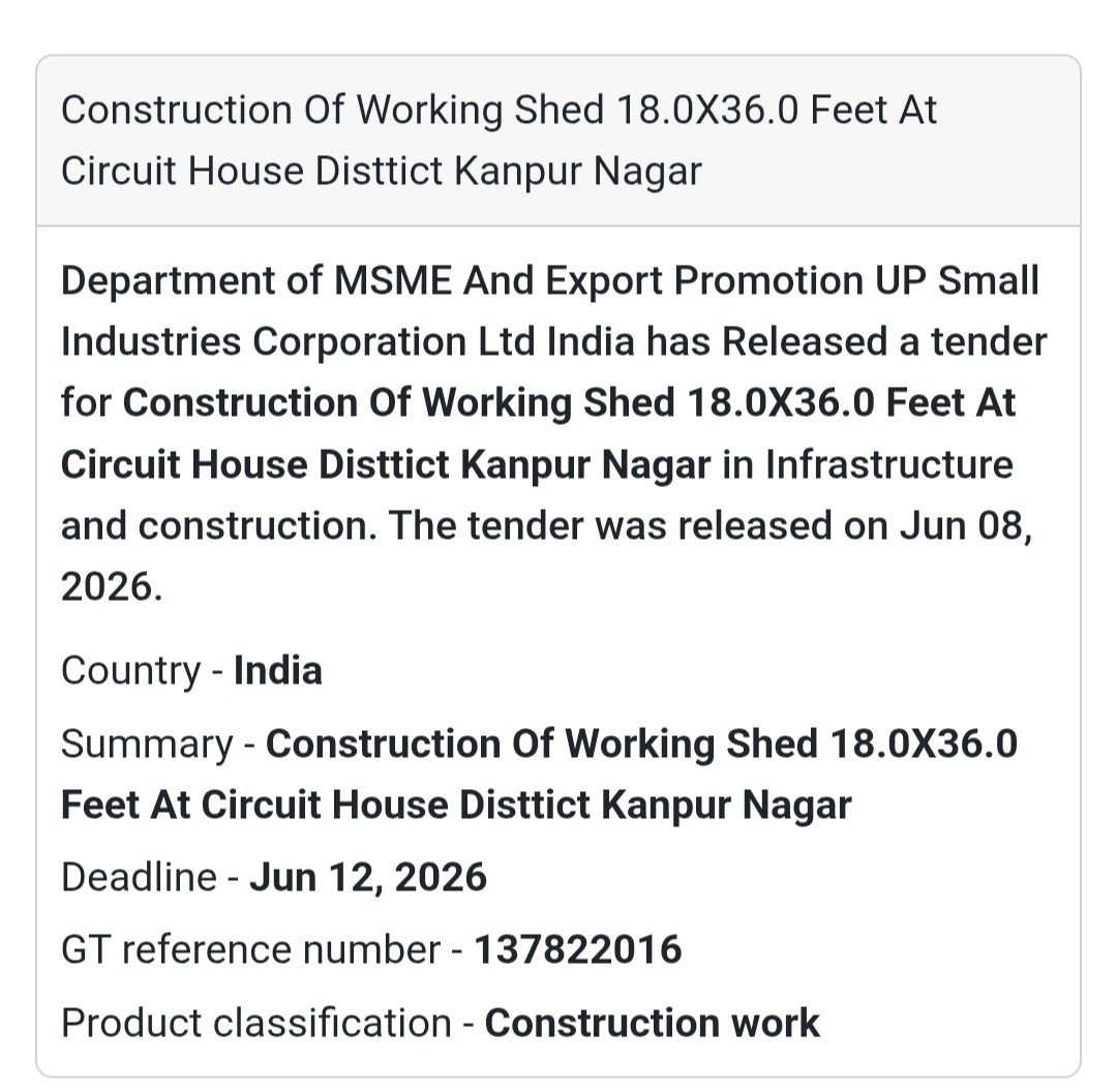 🏭 Working Shed Construction Tender | Circuit House 📍Kanpur Nagar, Uttar Pradesh
