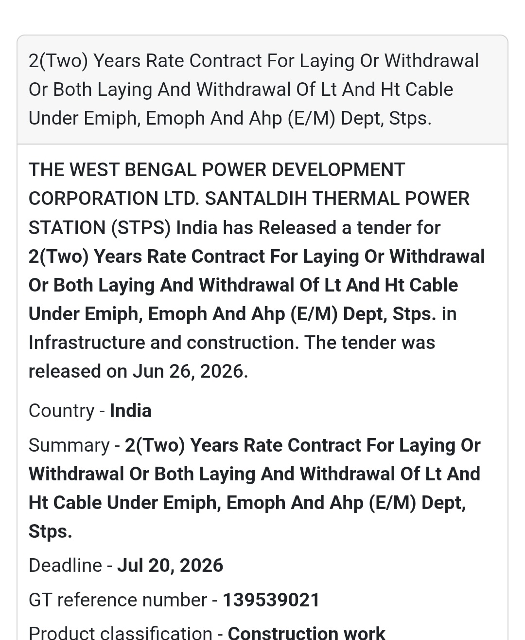 -Year Rate Contract for Laying/Withdrawal of LT & HT Cable – Santaldih Thermal Power Station, Purulia