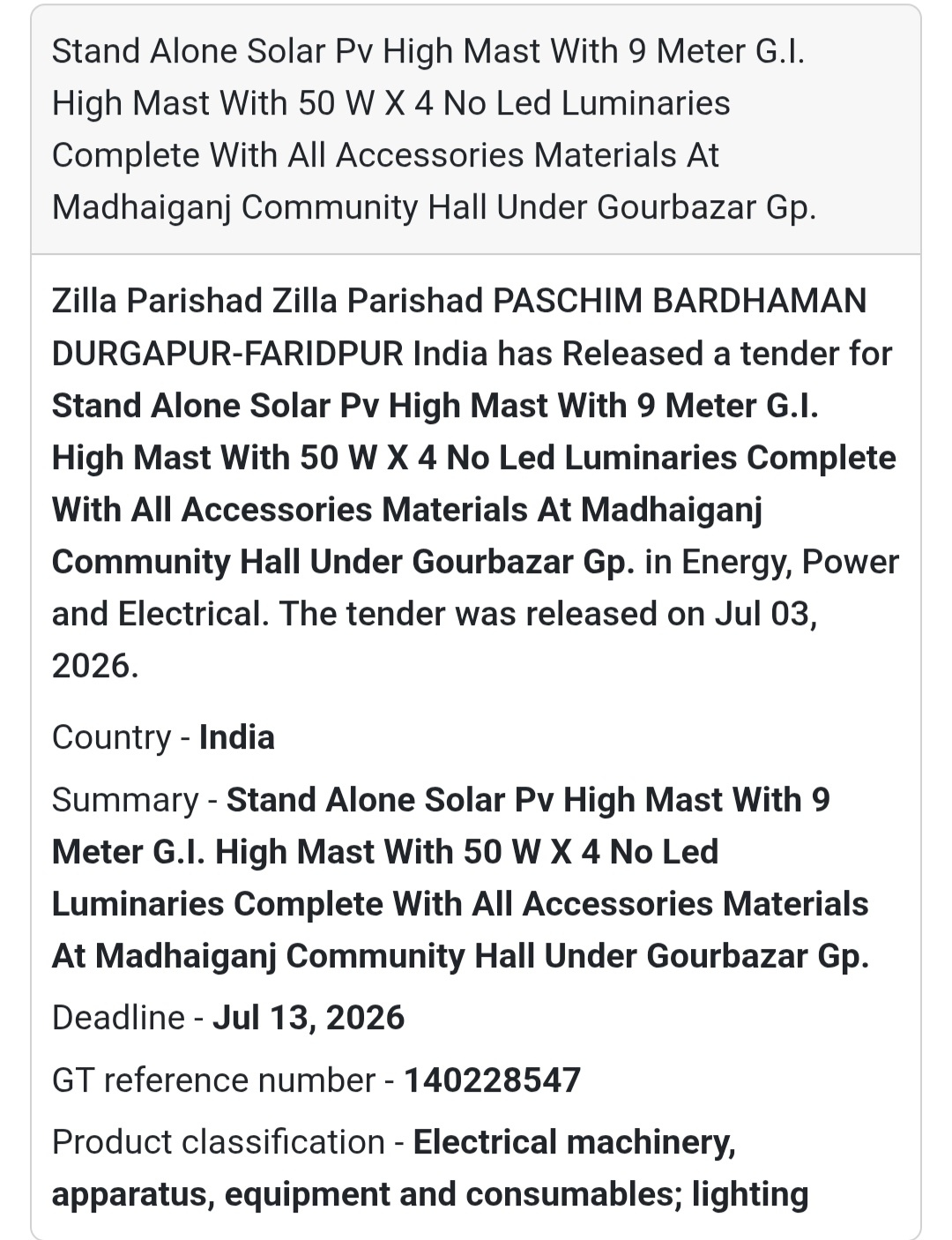 ☀️ Zilla Parishad Paschim Bardhaman Solar High Mast Tender – Durgapur-Faridpur