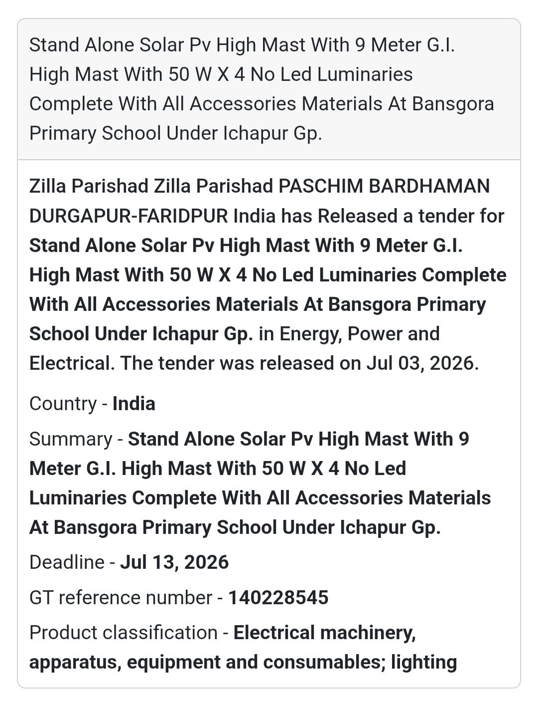 ☀️ Zilla Parishad Paschim Bardhaman Solar High Mast Tender – Durgapur-Faridpur