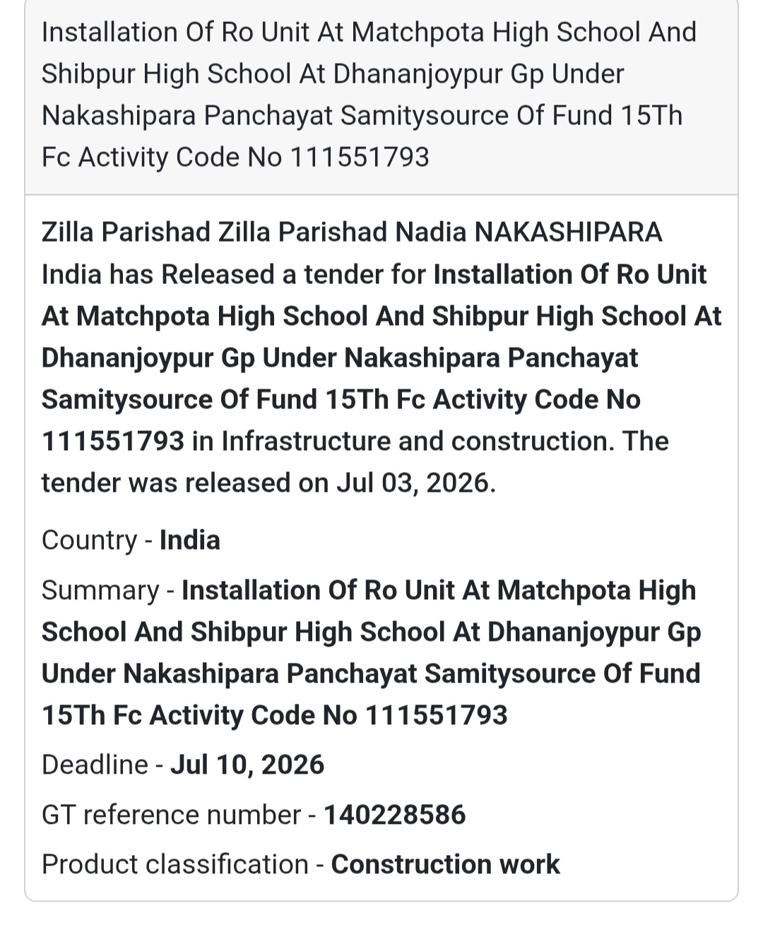🚰 Zilla Parishad Tender – Nadia, West Bengal