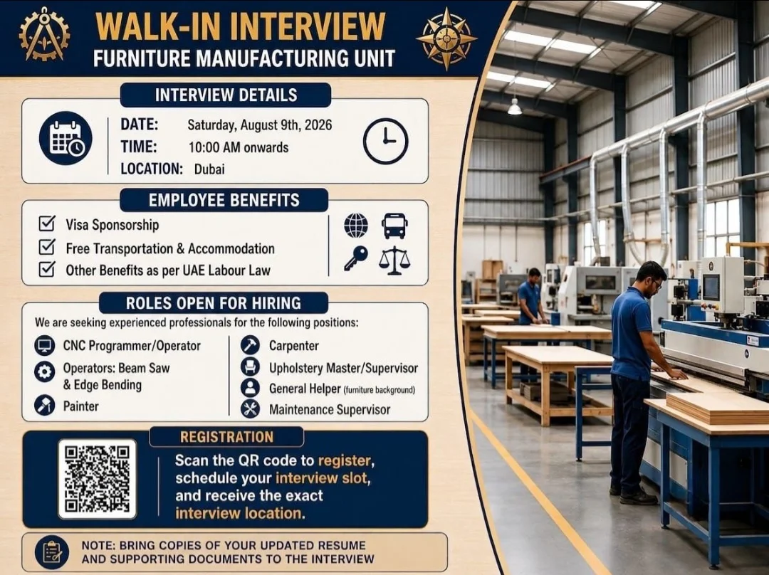Furniture Manufacturing Unit Dubai Walk-In Interview 2026: Open Vacancies, Eligibility, and Benefits