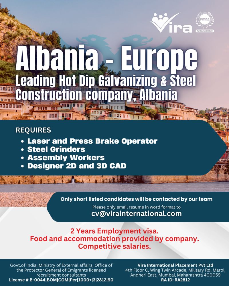 Albania Europe : Hiring For A leading Hot Dip Galvanizing & Steel Construction company