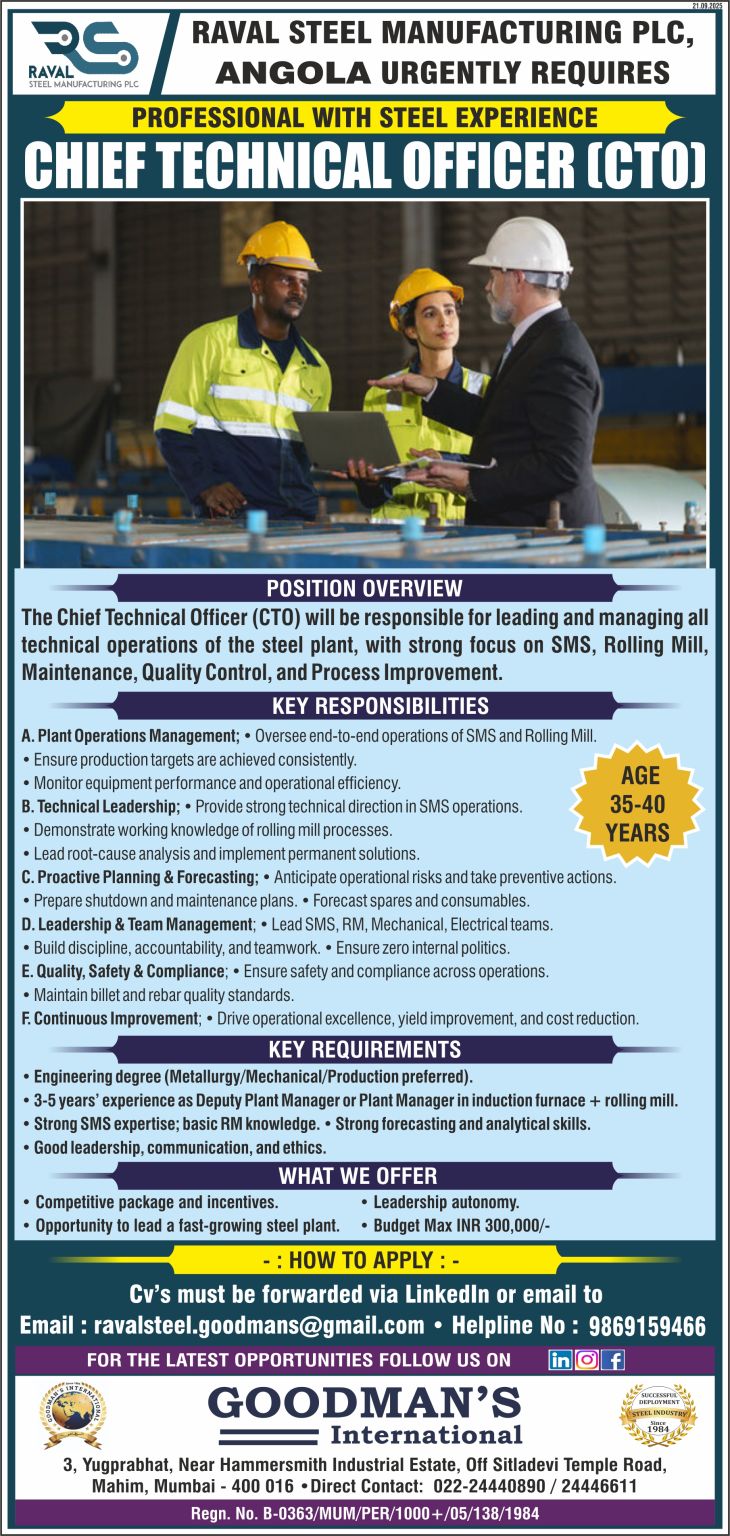 Hiring Chief Technical Officer (CTO) | Angola  | Steel Industry