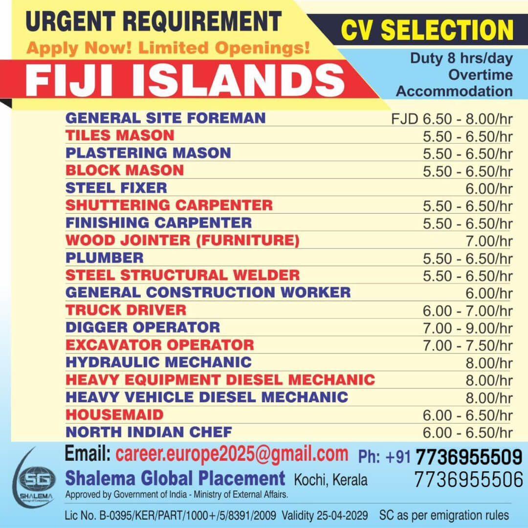Urgent Hiring For Fiji Islands – Limited Openings