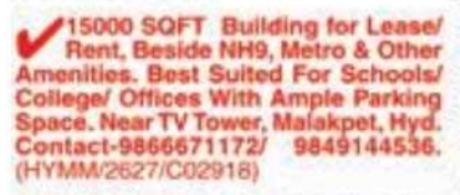 15000 SQFT Building for Lease/Rent: Malakpet, Hyderabad