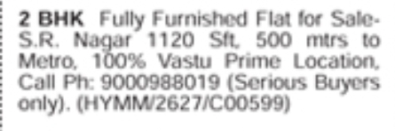 2 BHK fully furnished Flat for Sale in S.R. Nagar