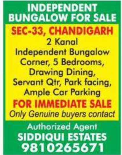 2 Kanal Corner Bungalow for Sale in Sector 33 Chandigarh