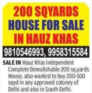 200 Sq. Yards Independent House for Sale in Hauz Khas