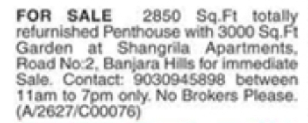 2850 Sq. Ft. penthouse For Sale in Banjara Hills