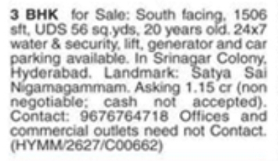 3 BHK Apartment for Sale in Srinagar Colony, Hyderabad