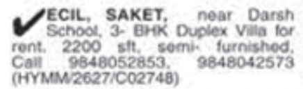 3 BHK Duplex Villa for Rent: ECIL, Saket