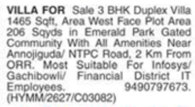 3 BHK Duplex Villa for Sale: Annojiguda, Hyderabad