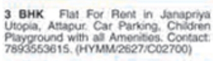 3 BHK Flat For Rent: Attapur