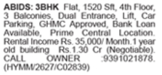 3 BHK Flat for Sale: Abids