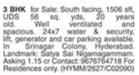 3 BHK Flat For Sale in Srinagar Colony