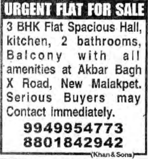 3 BHK Flat for Sale: New Malakpet, Hyderabad