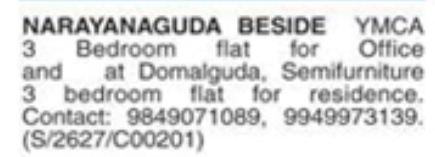 3 BHK Flats for Office & Residence for Sale (Narayanaguda & Domalguda)