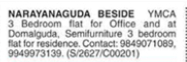 3 BHK Flats For Rent/Lease in Narayanguda and Domalguda