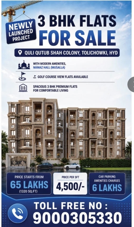 3 BHK Flats For Sale at Quli Qutub Shah Colony, Tolichowki, Hyd