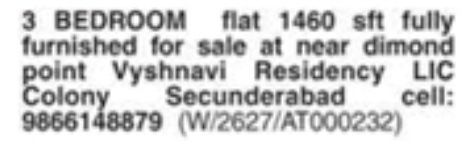 3 BHK Fully Furnished Flat for Sale: Secunderabad