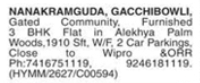 3 BHK Furnished Flat in Nanakramguda for Sale