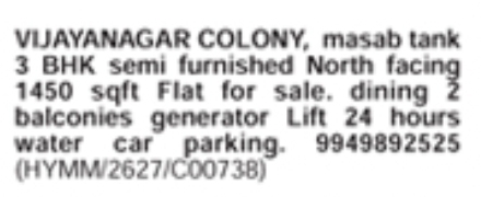 3 BHK semi-furnished flat for Sale in Vijayanagar Colony
