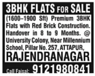 3BHK Flats for Sale: Attapur, Rajendranagar