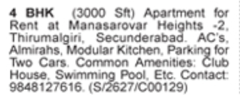 4 BHK Apartment for Rent in Thirumalgiri, Secunderabad