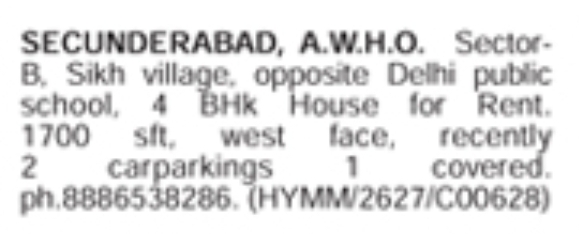 4 BHK house for Rent in Sikh Village, Secunderabad