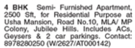 4 BHK Semi-Furnished Apartment For Rent in Jubilee Hills