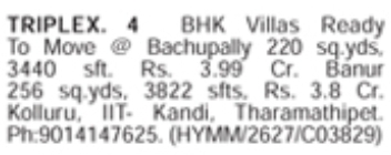 4 BHK Triplex Villas for Sale: Bachupally & Kolluru