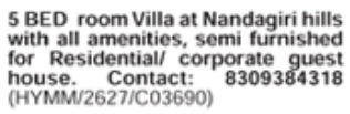 5 BHK Villa for Rent/Lease: Nandagiri Hills, Hyderabad