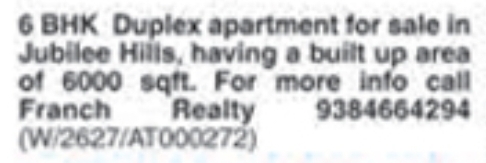 Duplex Apartment for Sale: Jubilee Hills, Hyderabad