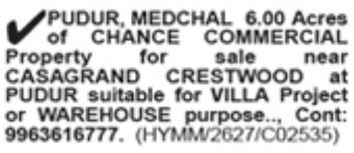 6.00 Acres Commercial Property for Sale: Pudur, Medchal