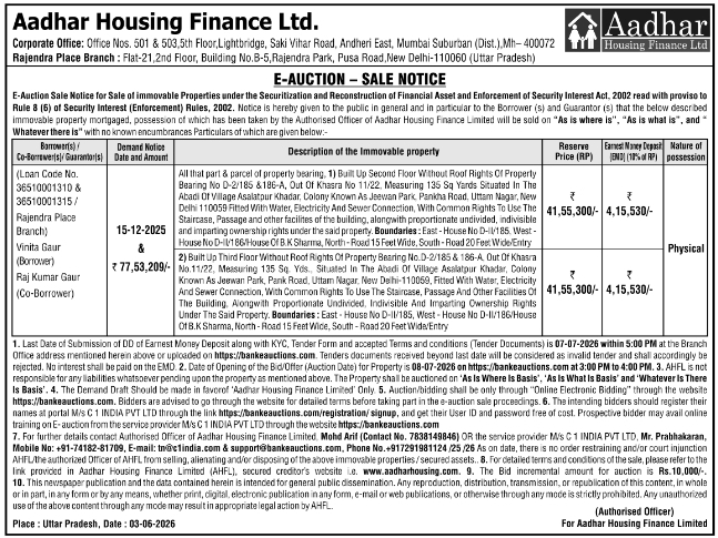 Aadhar Housing Finance E-Auction Notice: Sale of Immovable Properties in Uttam Nagar