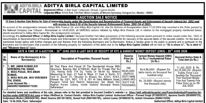 Aditya Birla Capital: Saharanpur Residential Property E-Auction Notice