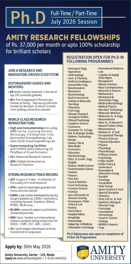 Admissions Open: Amity University Ph.D. Programmes