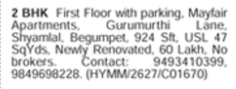 Apartment for Sale: 2 BHK in Begumpet