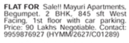 Apartment for Sale: 2 BHK in Begumpet