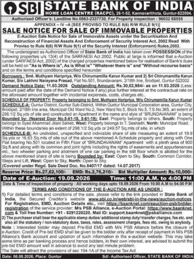 Apartment Unit E-Auction Sale Notice by SBI