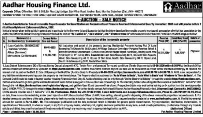 Auction Notice: Aadhar Housing Finance Immovable Property Sale