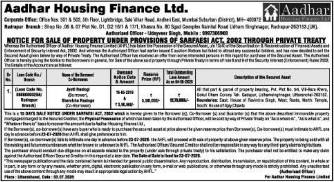 Auction Notice: Aadhar Housing Finance Private Treaty Sale