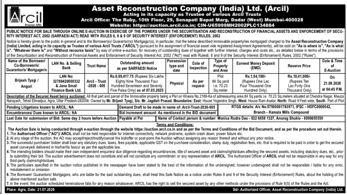 Auction Notice: Arcil Immovable Property Sale