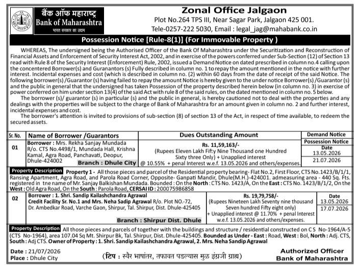 Auction Notice: Bank of Maharashtra Property Disposal