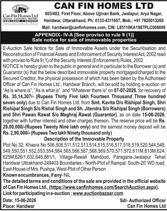 Auction Notice: Can Fin Homes Immovable Property E-Auction