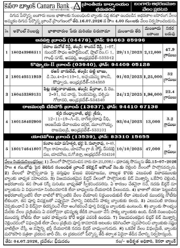 Auction Notice: Canara Bank Gold Ornaments Public Auction