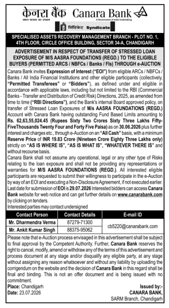 Auction Notice: Canara Bank Stressed Loan Portfolio Transfer