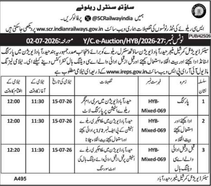Auction Notice: Commercial E-Auctions by South Central Railway
